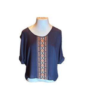 HARPER Navy Blue rayon Blouse with Coral Geometric Print Size M